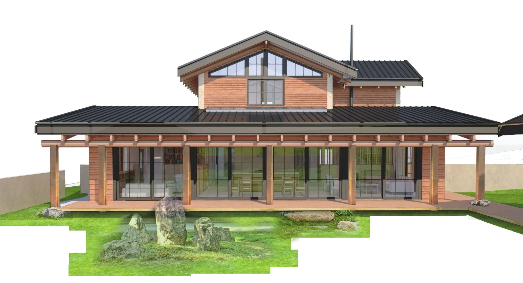 A modern japanese home with beautiful wood beams and skylights.