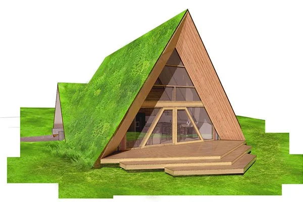 A hobbit-like cabin with steep green roofs and trapezoidal doors.
