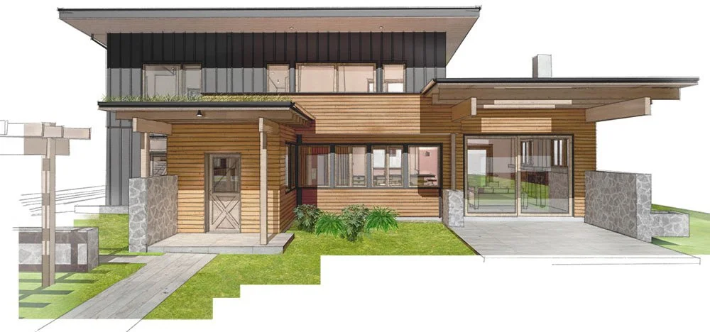 A modern home with cantilevered trellises and large sliding glass doors.