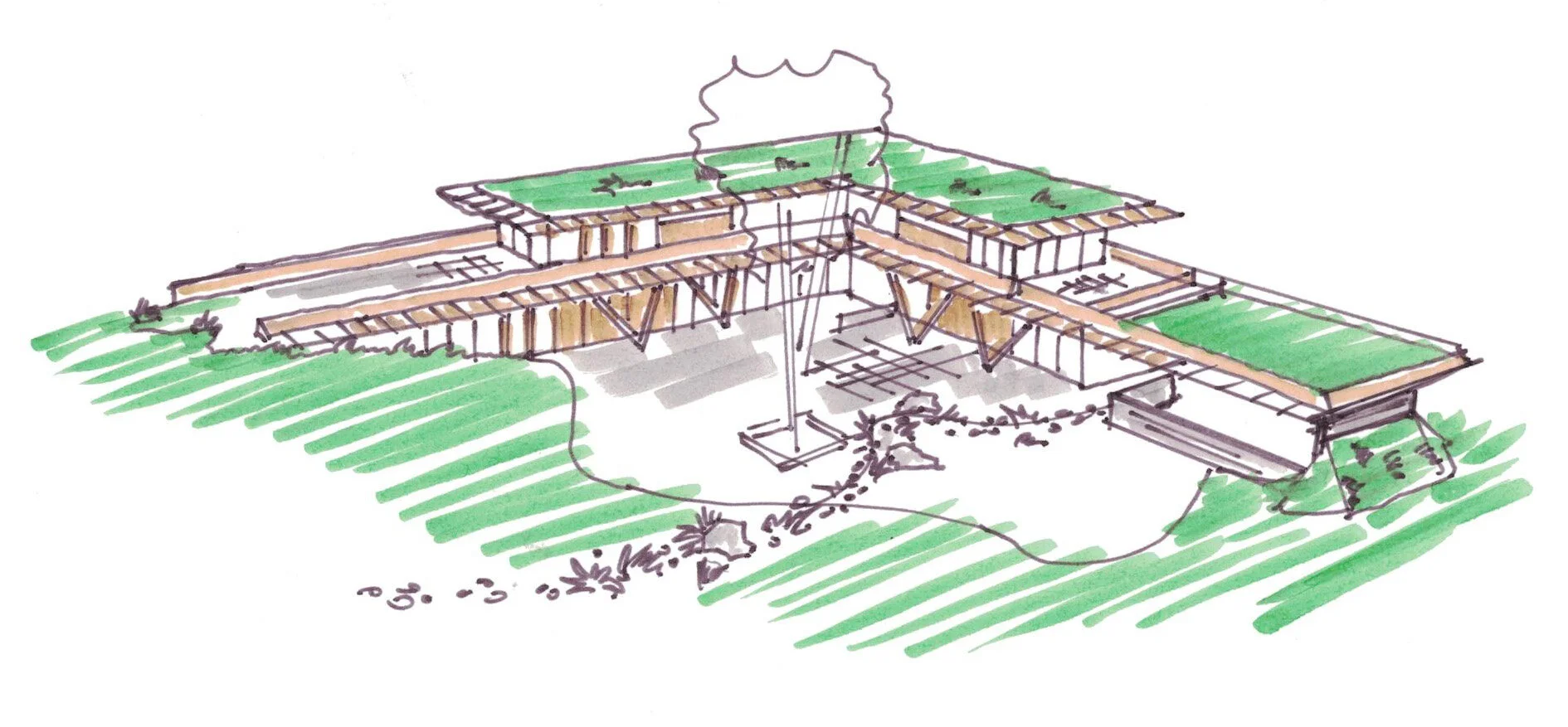 Sketch Green Building with Courtyard and Green Roofs