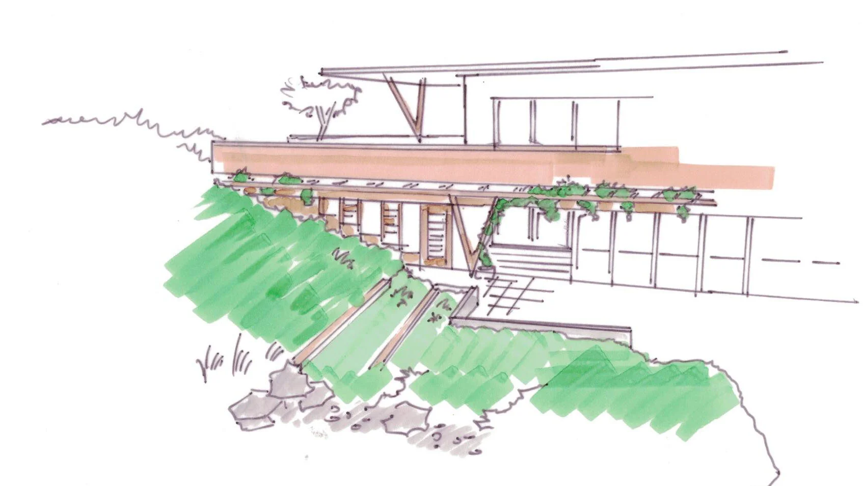 Sketch of Earth Bermed House with Trellis