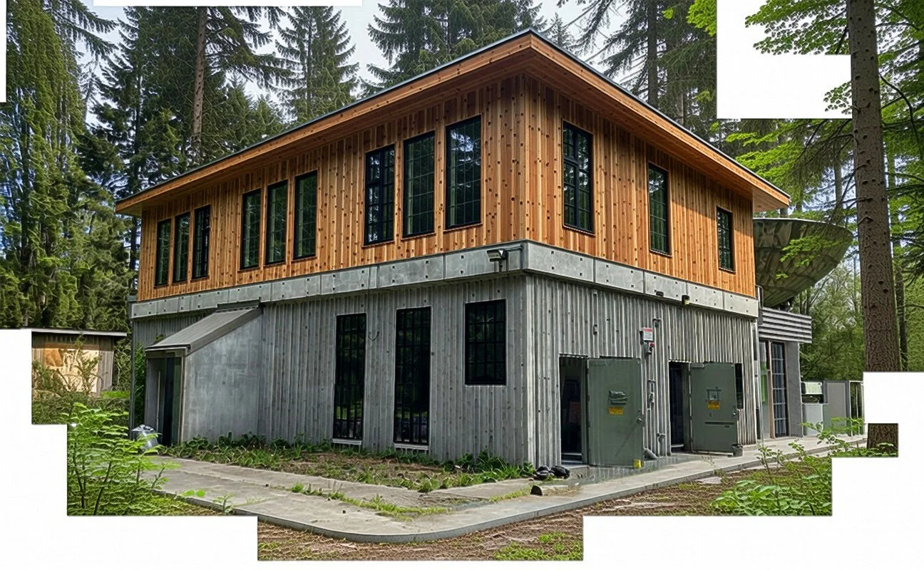 An industrial conversion of a concrete block structure with a second floor addition in a forested setting.