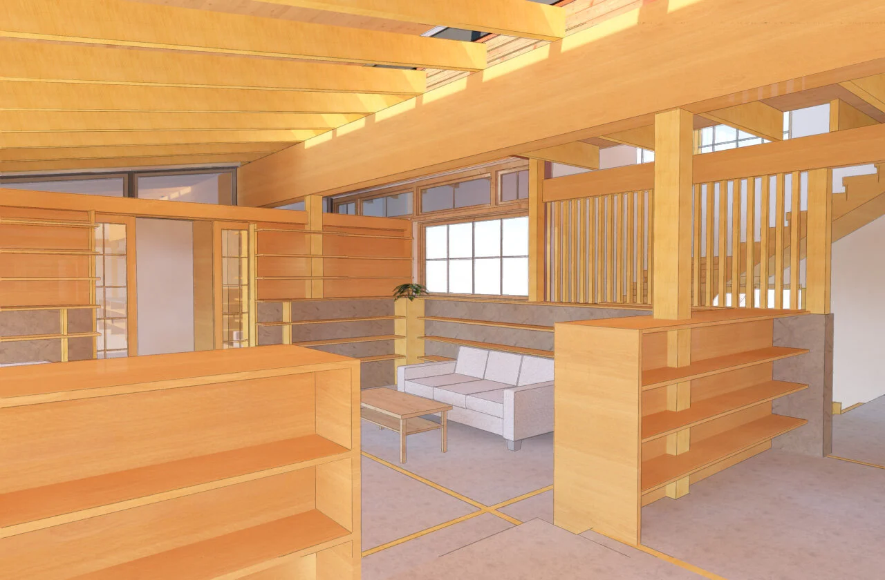 Interior Rendering Japanese House Wood Finishes Shelving Skylights