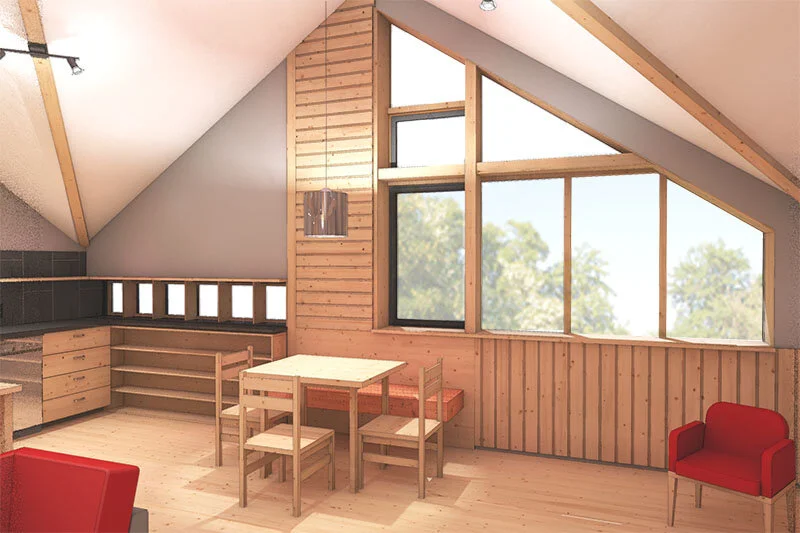 Interior View of Windows Wood Paneling Shelves