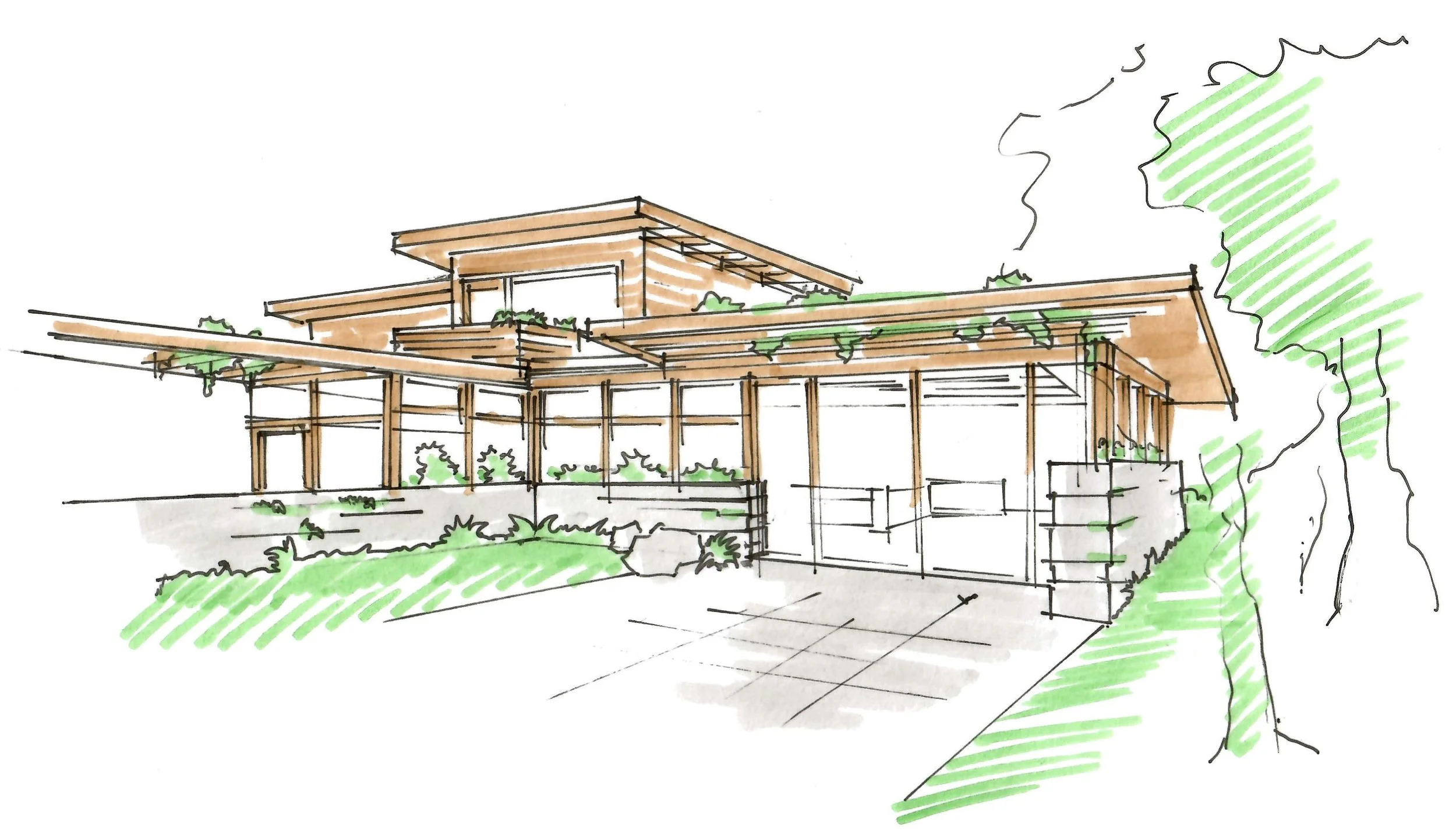 Sketch of Modern Green Courtyard Home with Trellis