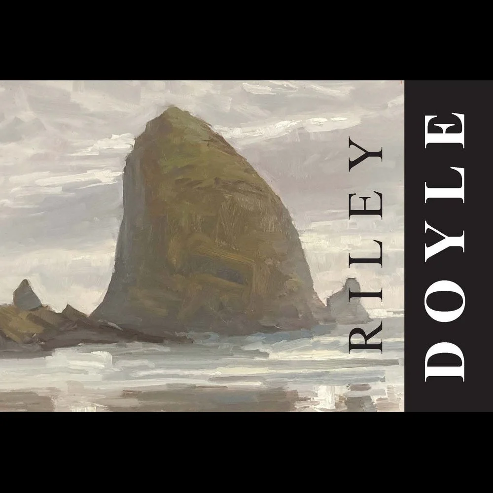 Painting of a large rock formation on the coast with waves, in gray and green tones, with the text 'RILEY E. DREYB' on a black sidebar.