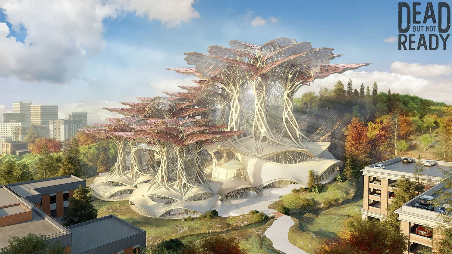 A futuristic architectural building with tree-like structures and large, organic, leaf-shaped roofs in a park setting with buildings and trees in the background.