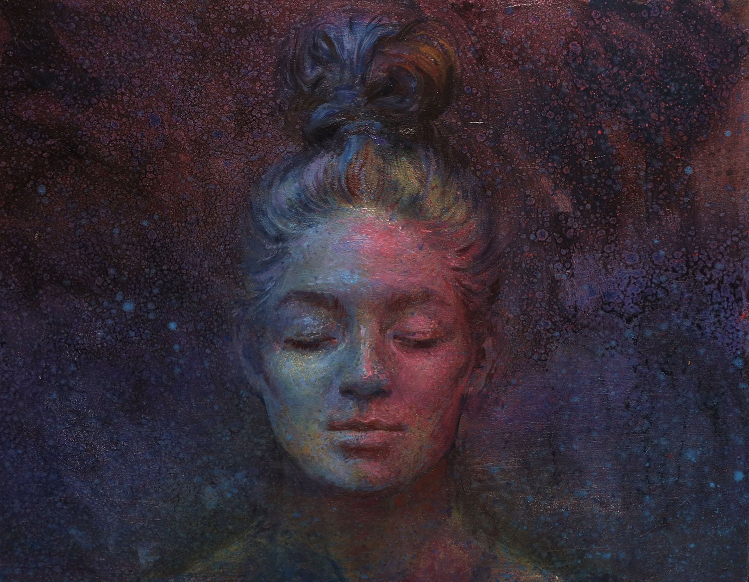 A digital painting of a serene young woman with her eyes closed, depicted with a mix of colors including pink, blue, and purple, surrounded by a background of multicolored dots and textures.