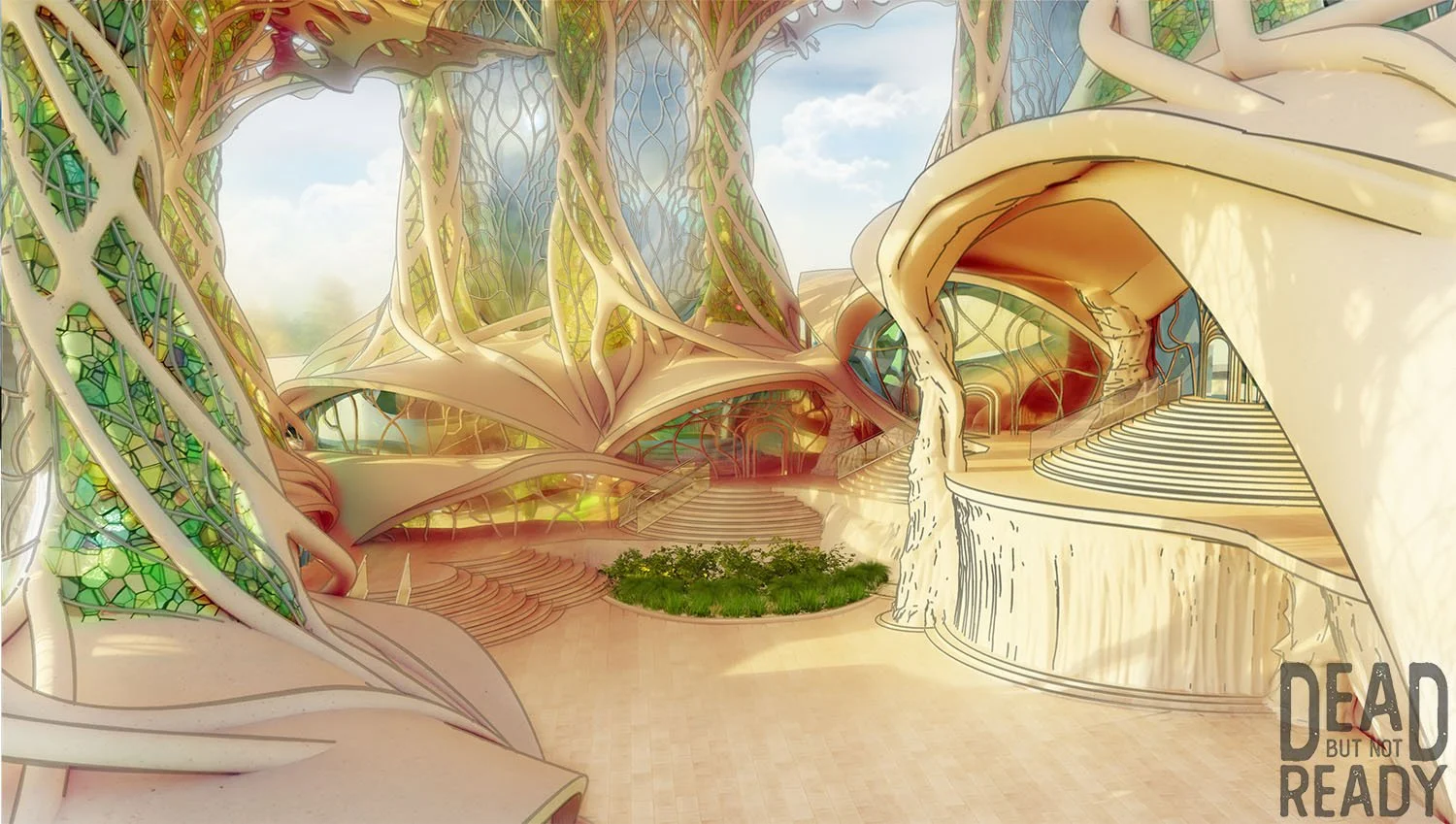 Futuristic building with organic, flowing architecture featuring large, curving structures, green glass panels resembling leaves, and a circular outdoor area with steps and greenery. Sky can be seen in the background.