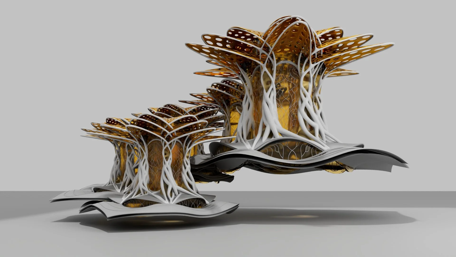 A detailed, futuristic digital rendering of a plant-like structure with intricate white, gold, and black components, featuring leaf-like and vine elements against a plain gray background.