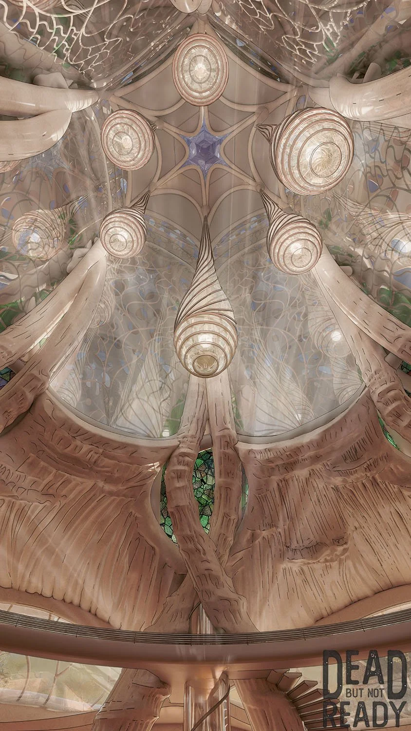 Looking up at a ceiling with artistic, swirling wooden beams and hanging light fixtures in a modern, artistic interior.