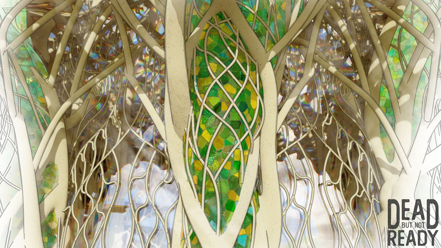 Intricate stained glass and ironwork on a colorful architectural interior, featuring green, yellow, and blue mosaic patterns.