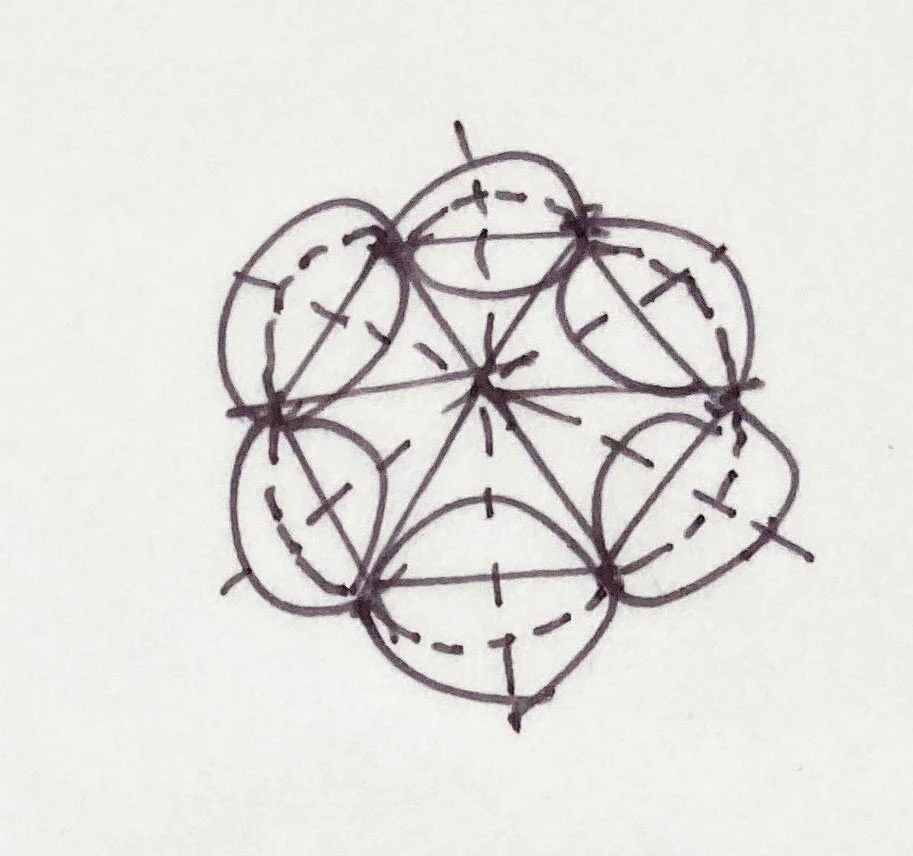 A geometric drawing with interconnected circles, lines, and arrows forming a symmetrical pattern.