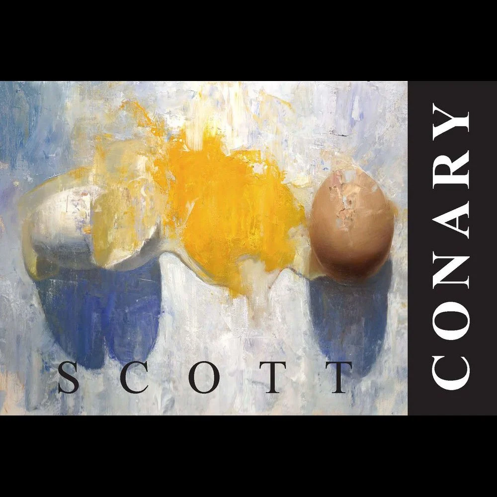 An abstract painting of a blue and yellow cup, a yellow space with an egg, and a brown egg on a white and gray background. The text 'SCOTT' is at the bottom, and 'CONARY' is on the right side.