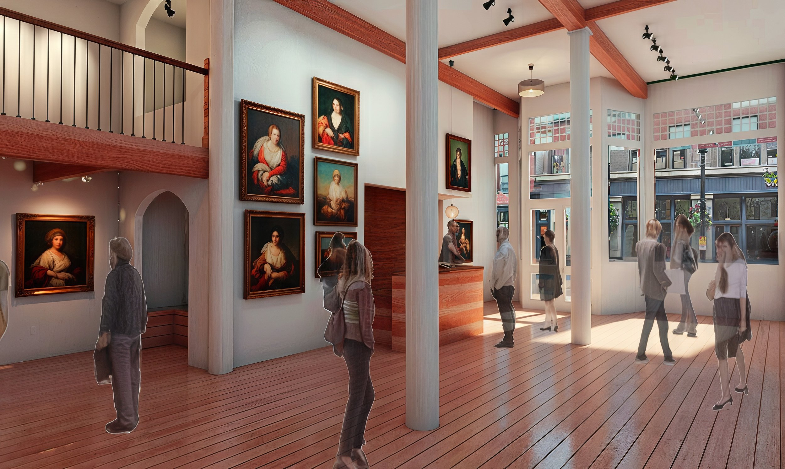 Interior of an art gallery with paintings on the walls and people viewing art.