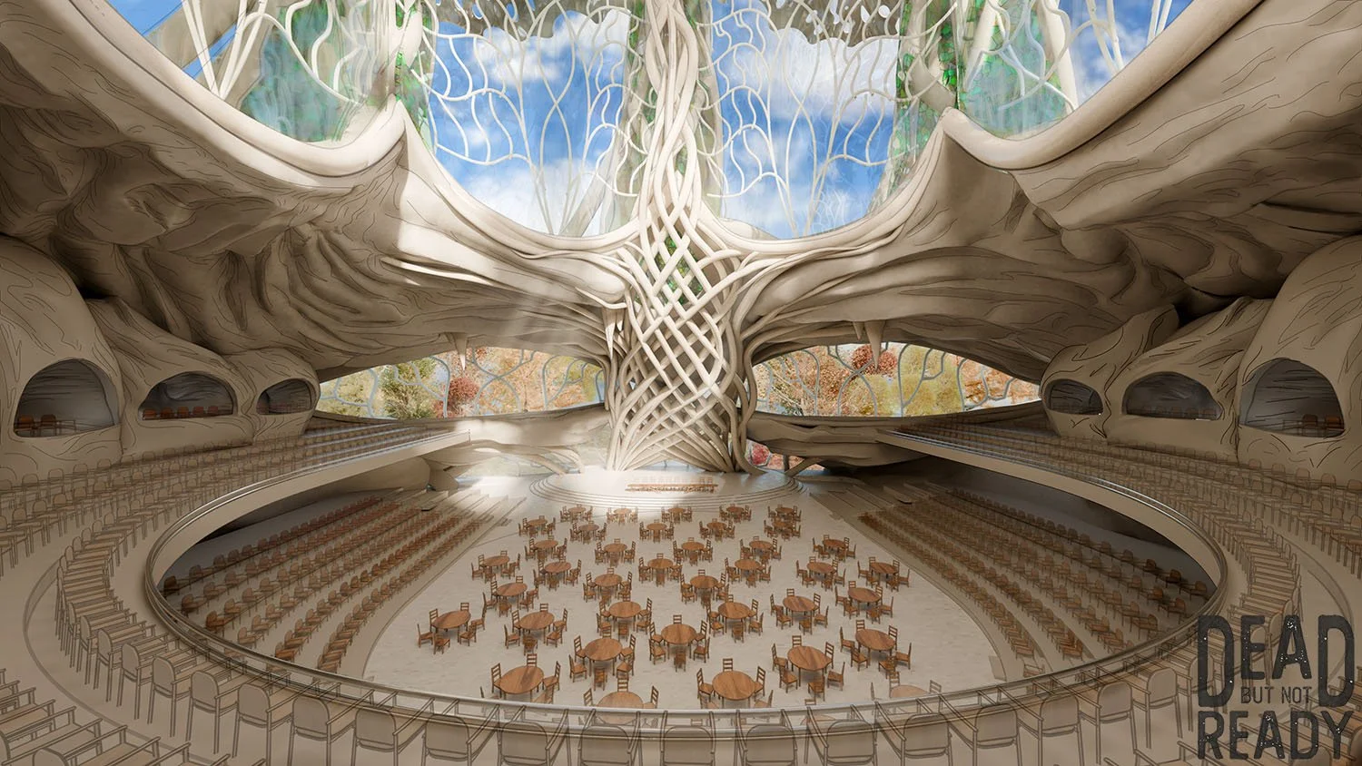 Futuristic indoor auditorium with organic, tree-like architectural design, circular seating arrangement with tables, and large windows showing sky and trees outside. The space has flowing, intertwining structures resembling tree branches.