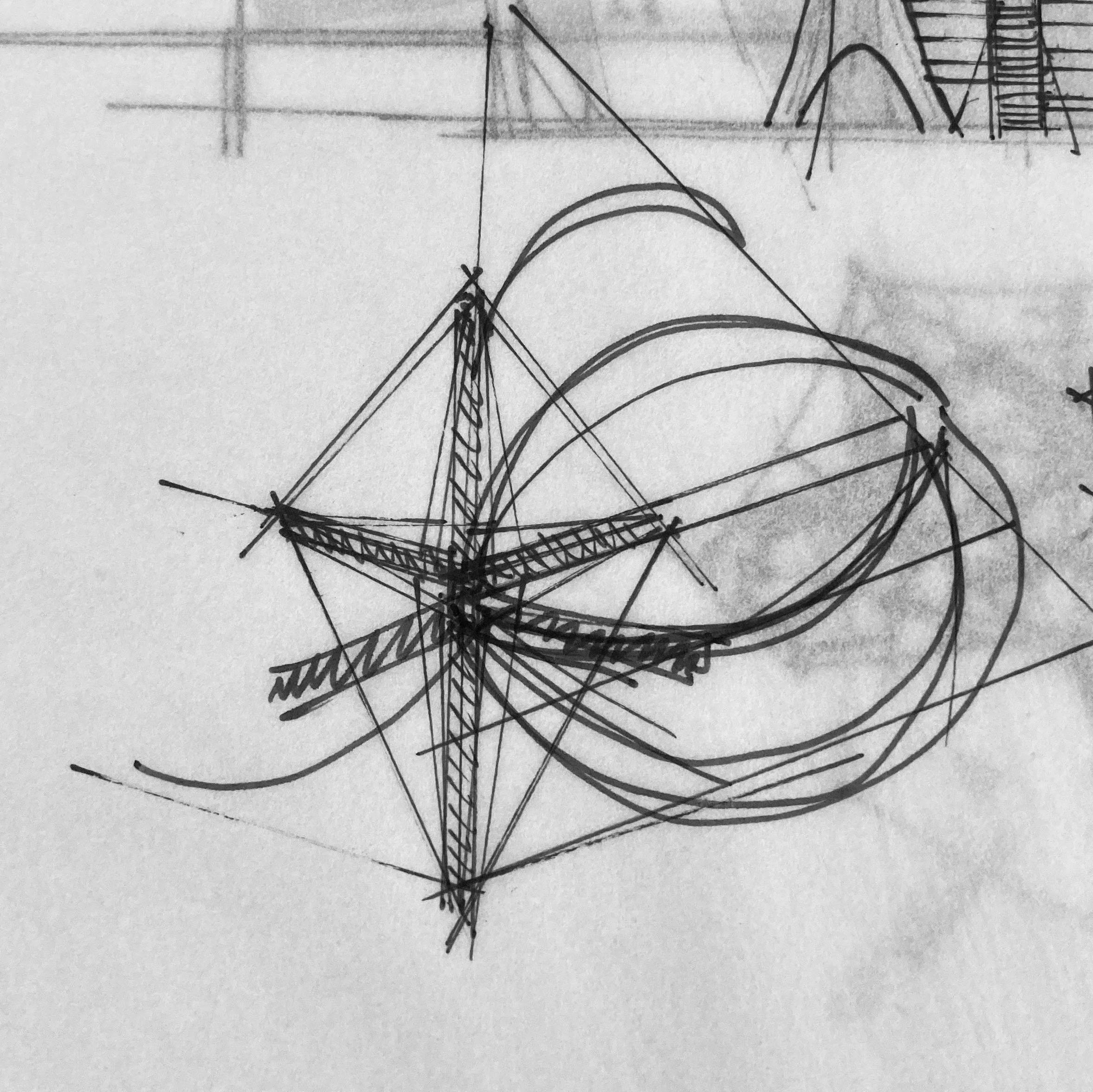 Hand-drawn sketch on paper with abstract geometric shapes and lines.