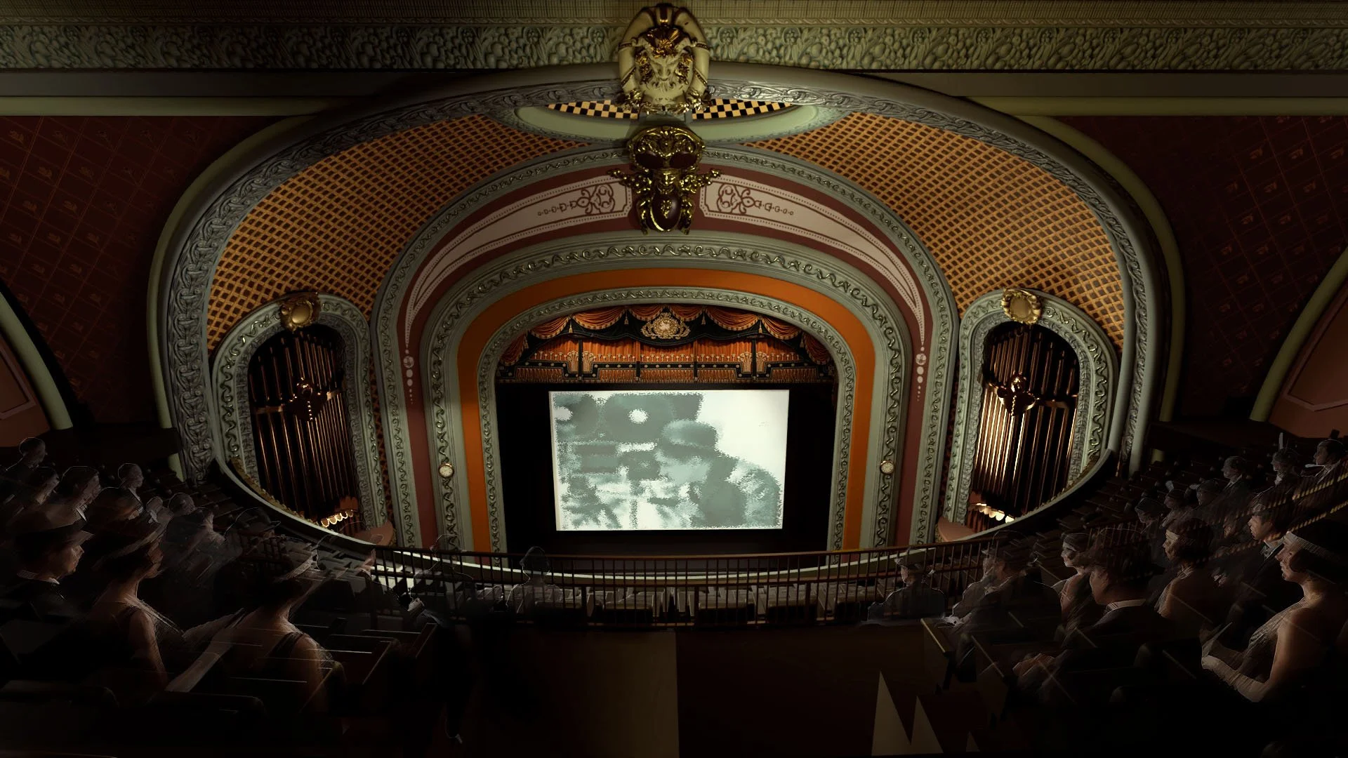 The interior of a grand theater with ornate architecture, a large screen at the front, and rows of seated audience members wearing masks.