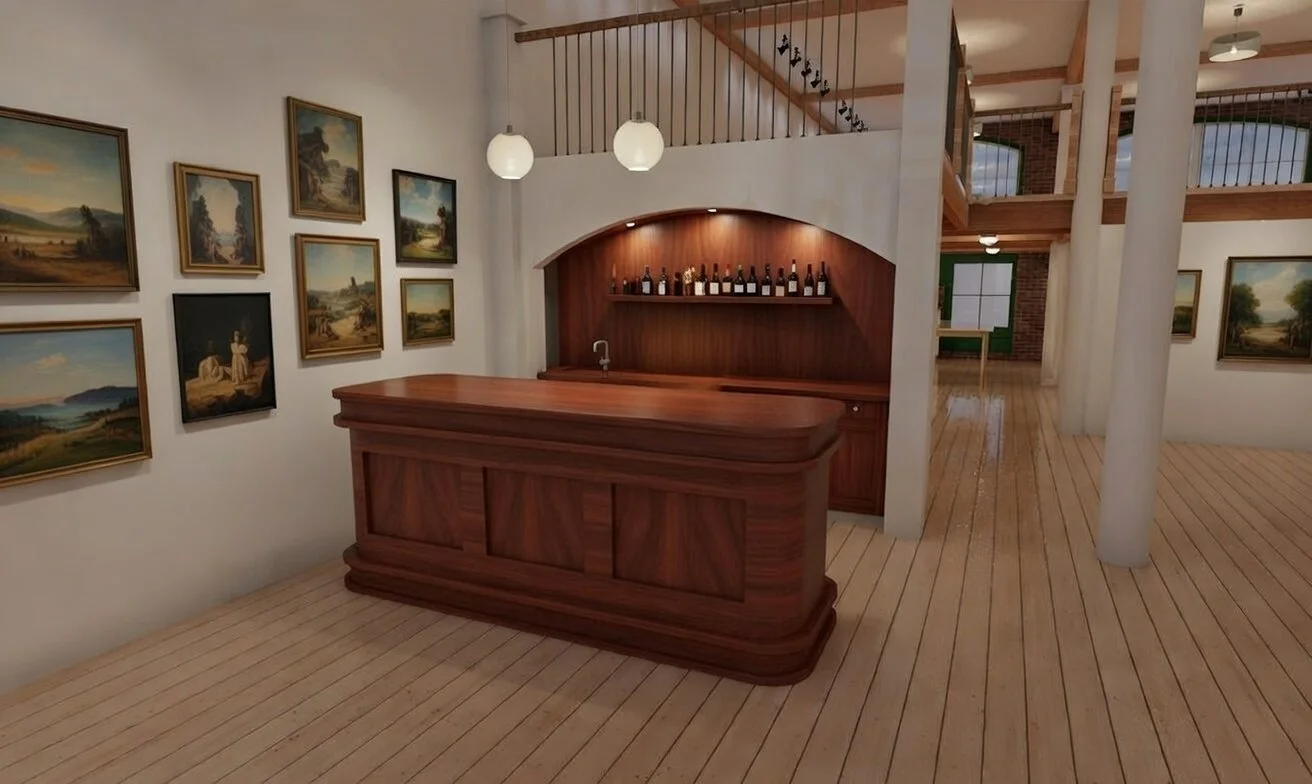 Wooden bar with bottles on it, art gallery with landscape paintings on the walls, wooden floors, modern lighting fixtures, and a second-floor balcony with railings.