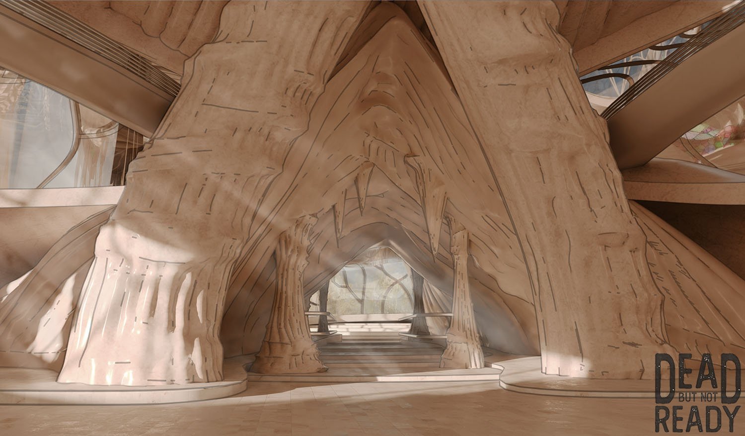 Interior of a building designed to look like a cave with organic, flowing shapes and arches made of stone or wood, illuminated with soft natural light, with stairs and a balcony visible.