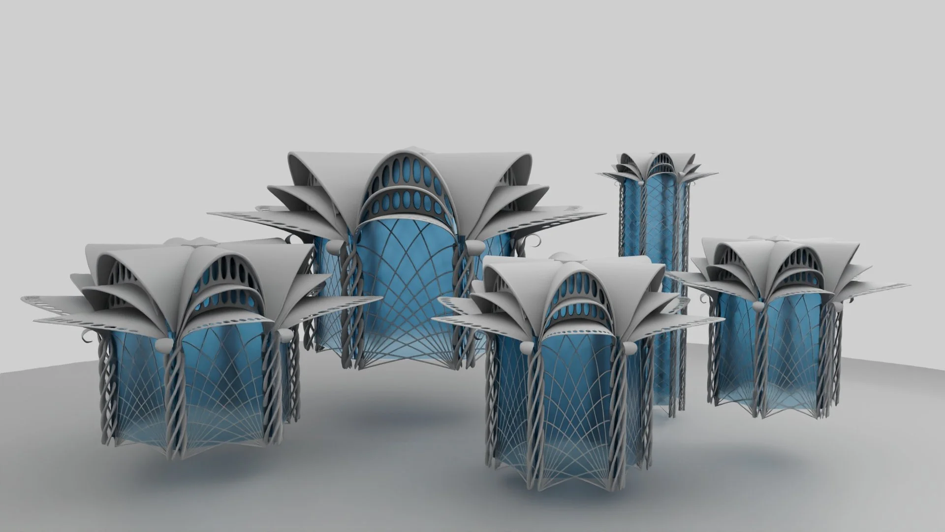 A digital rendering of the futuristic buildings with multiple towers and intricate, organic shapes combined with modern structural elements.