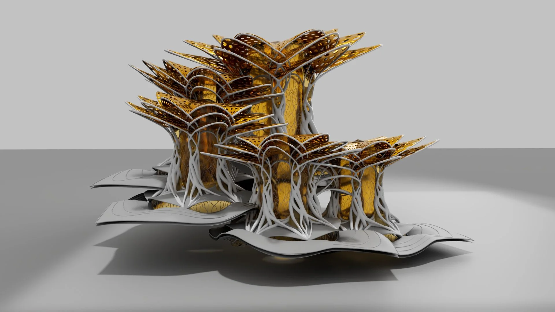 Futuristic architectural model with organic, plant-like structures in white, gold, and black, set on a plain gray background.
