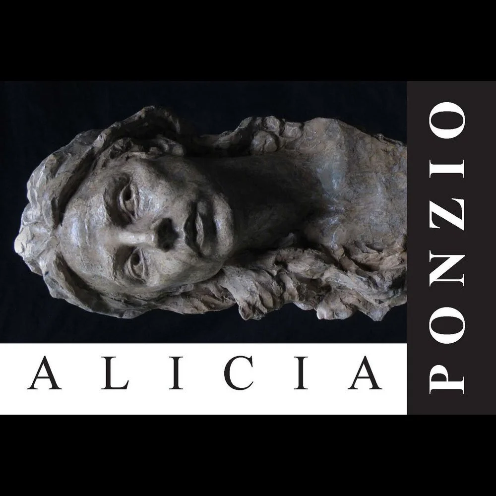 A bronze bust sculpture of a woman with wavy hair, positioned on a black background with the text "Alicia" and "Ponzio" surrounding it.