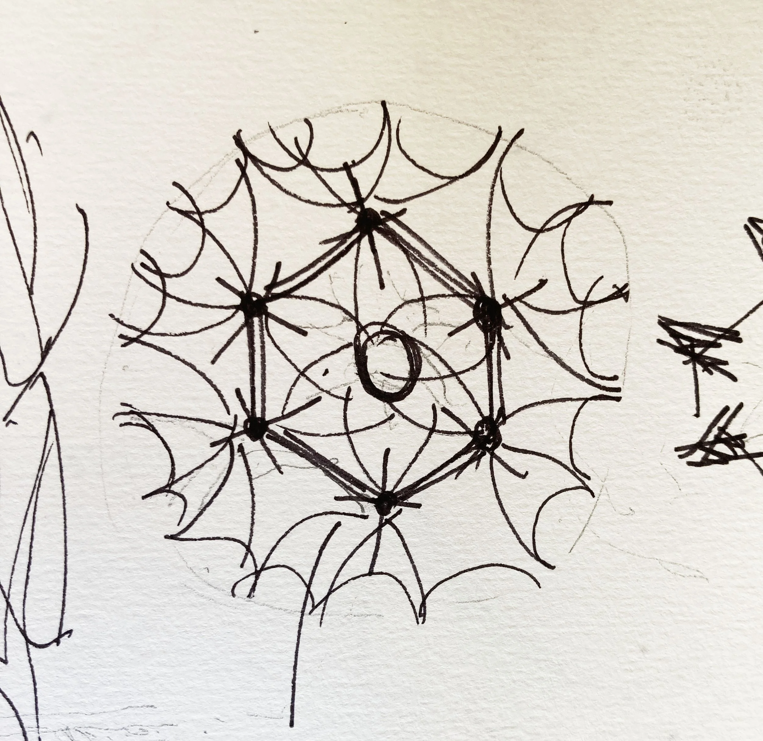 A detailed black ink architectural sketch.