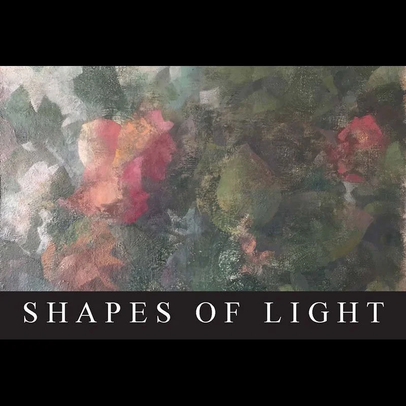 Abstract floral painting with pink, peach, green, and dark colors, overlaid with text "SHAPES OF LIGHT" on a black background.