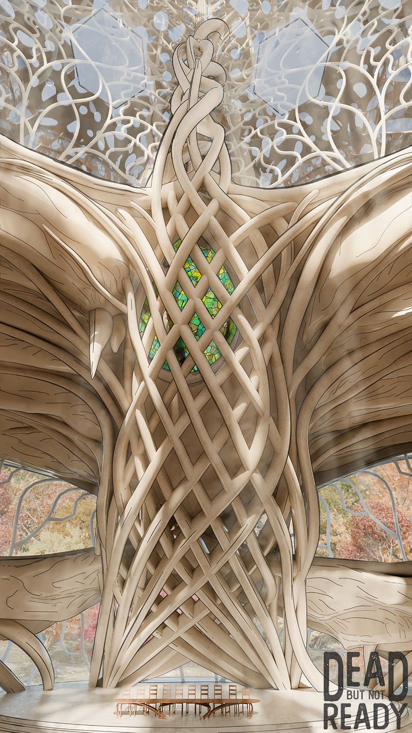 Architectural interior featuring an elaborate, woven wooden structure resembling intertwined branches with a circular stained-glass window in the background, and a small, round table in the foreground.