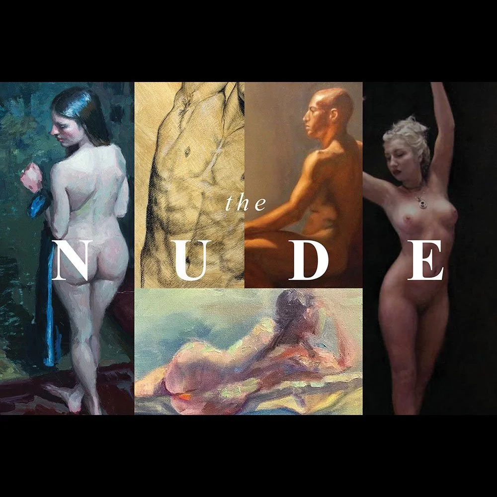 Collage of five nude women and drawings of female torsos with the words "the N U D E" overlayed.