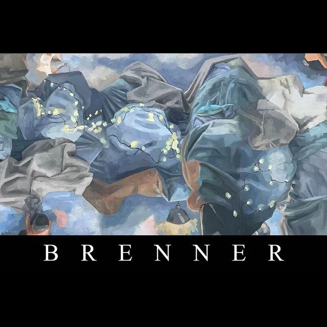 Abstract artwork featuring swirling dark and light blue, gray, and brown tones, with some white and yellow accents, resembling a dynamic composition. The word 'BRENNER' is displayed in large white letters at the bottom on a black background.
