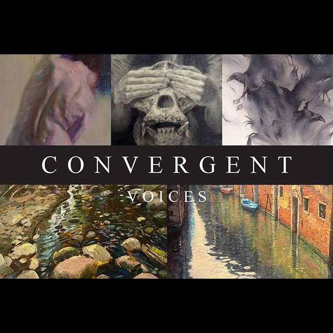 A collage of five sections with artwork and photographs. The top row shows a painting of a person, a drawing of a skull with hands covering the eyes, and a black and white abstract image of bats. The middle section has the word "CONVERGENT" in large 