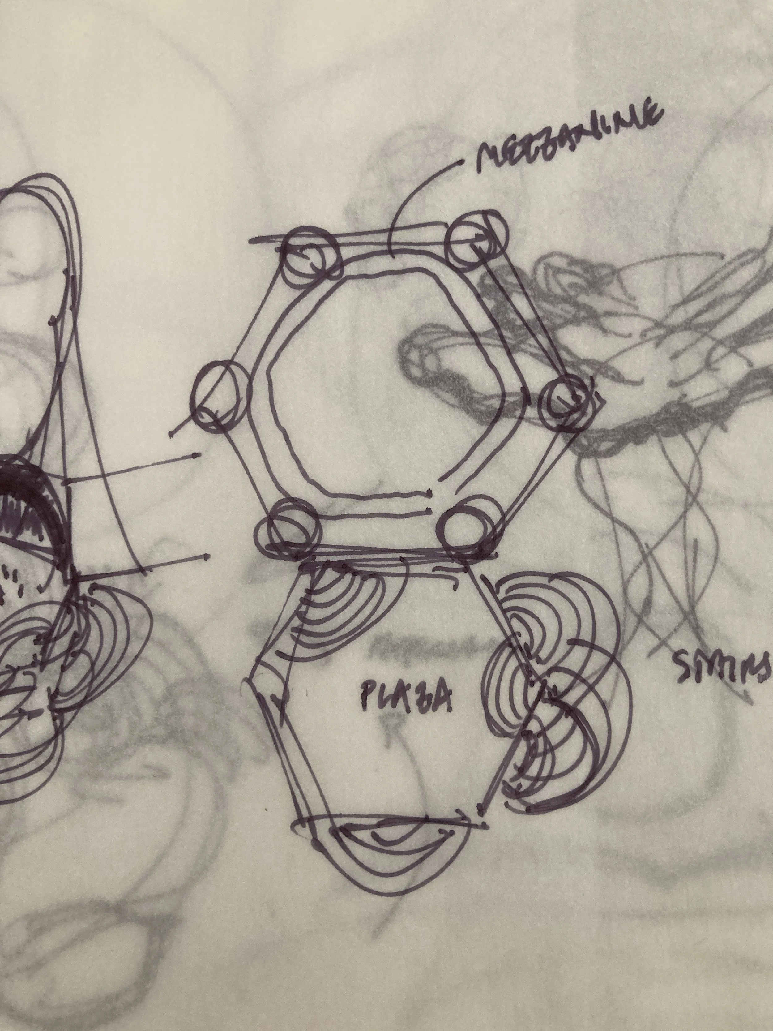 Hand-drawn architectural sketch including handwritten notes.
