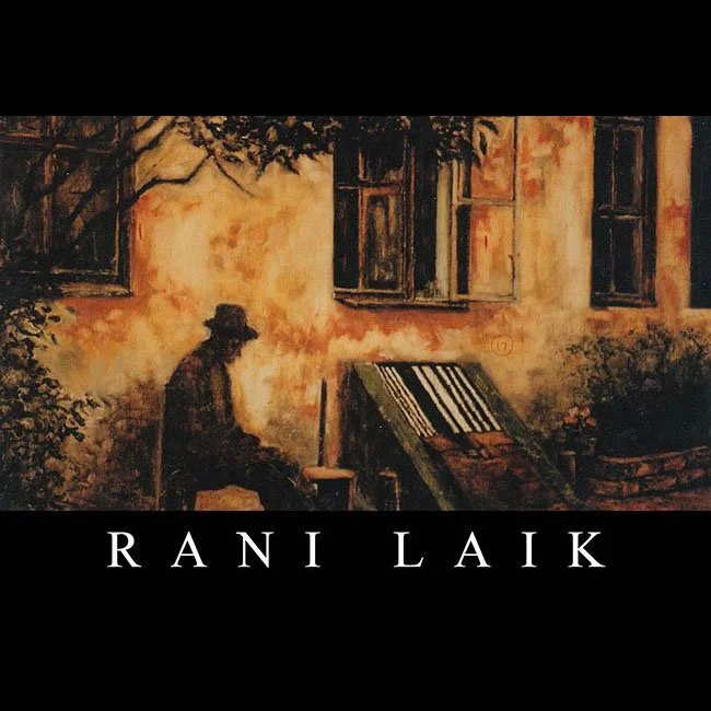 An illustration of a man sitting on a bench against a wall with open windows, with plants around, and the name 'Rani Laik' at the bottom.