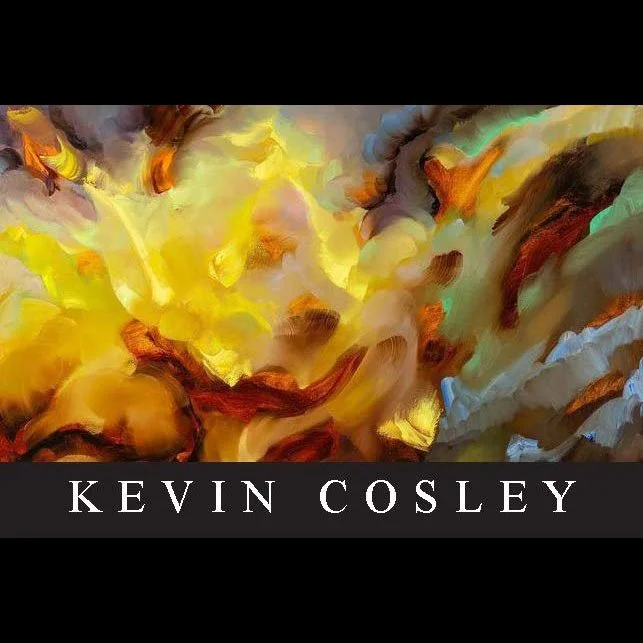 Abstract colorful painting with swirling yellow, orange, and brown hues above a black band labeled 'Kevin Cosley'