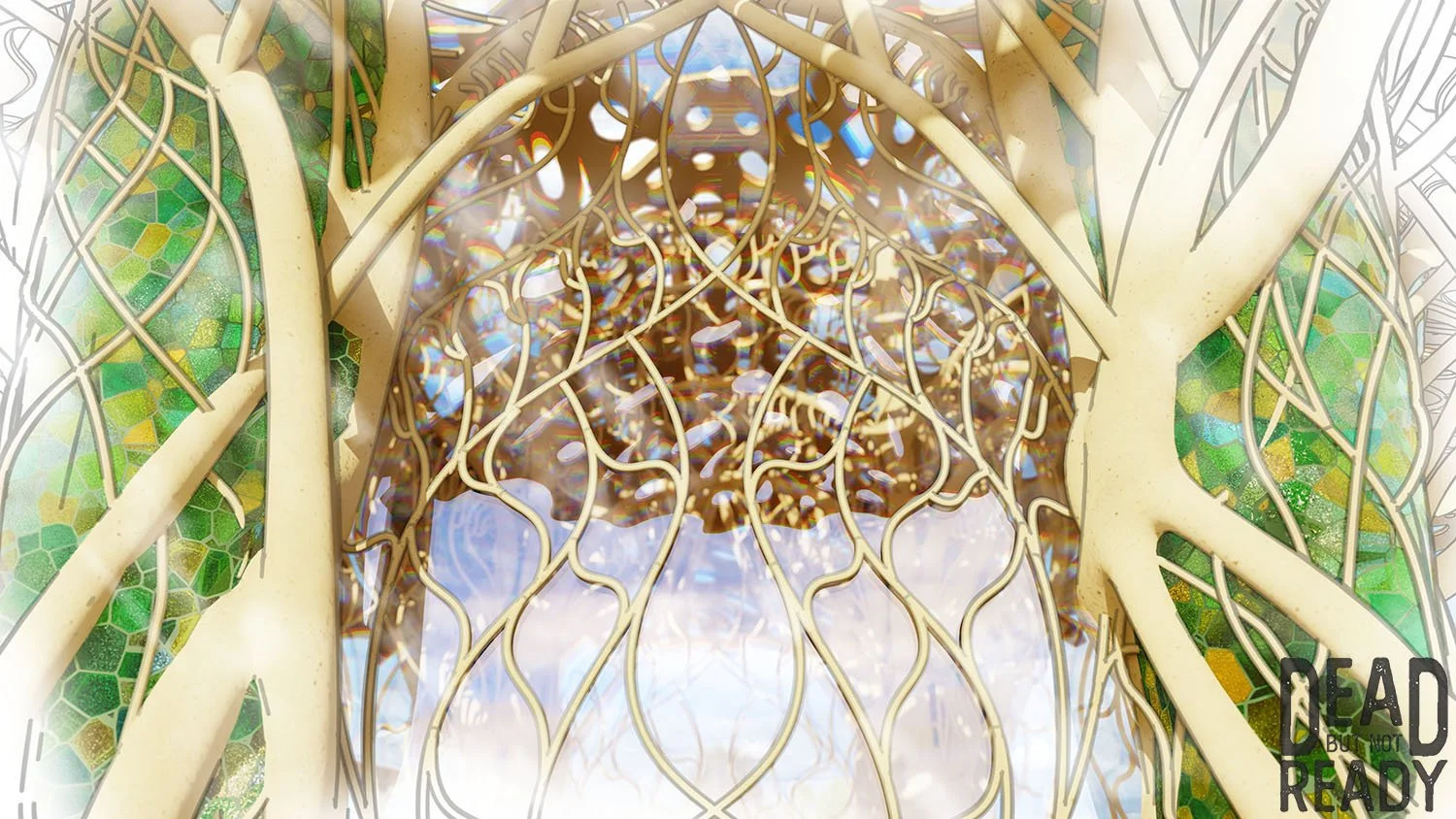 Close-up view of the intricate architecture of a fantasy temple, highlighting the ornate, tree-like columns and stained glass windows that cast colorful light inside.