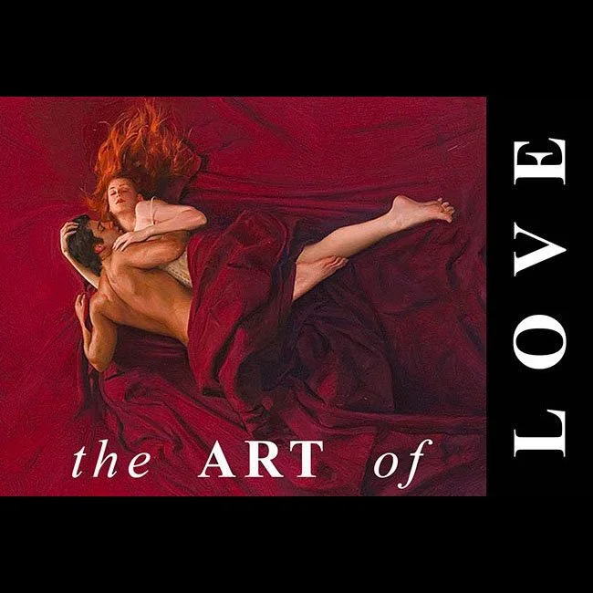 An artistic painting of a couple lying together on a red fabric surface, with text "the ART of LOVE" on the right and bottom sides.
