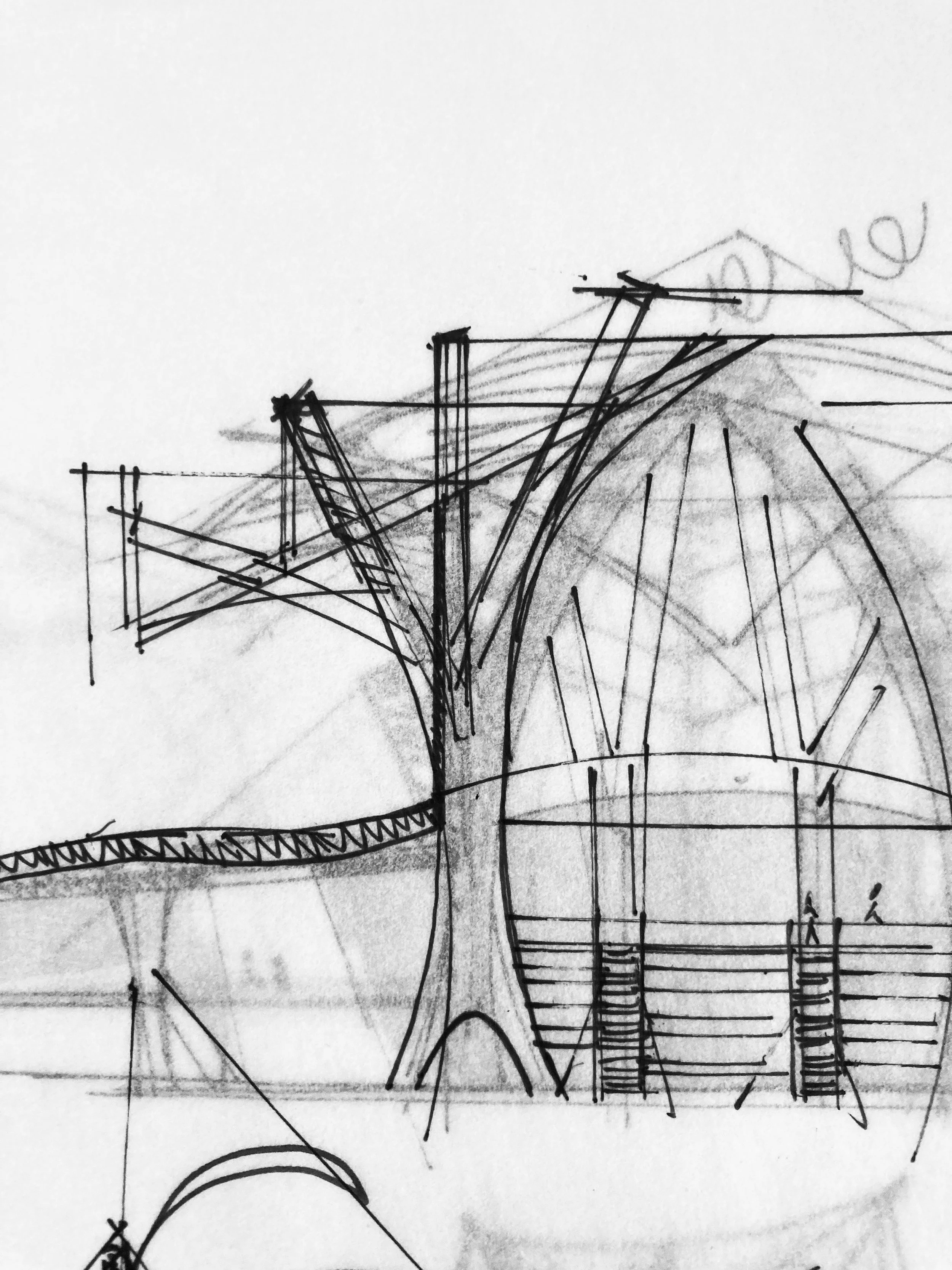 Sketch of an architectural design, including structural support beams, a circular shape, and some interior lines indicating compartments.