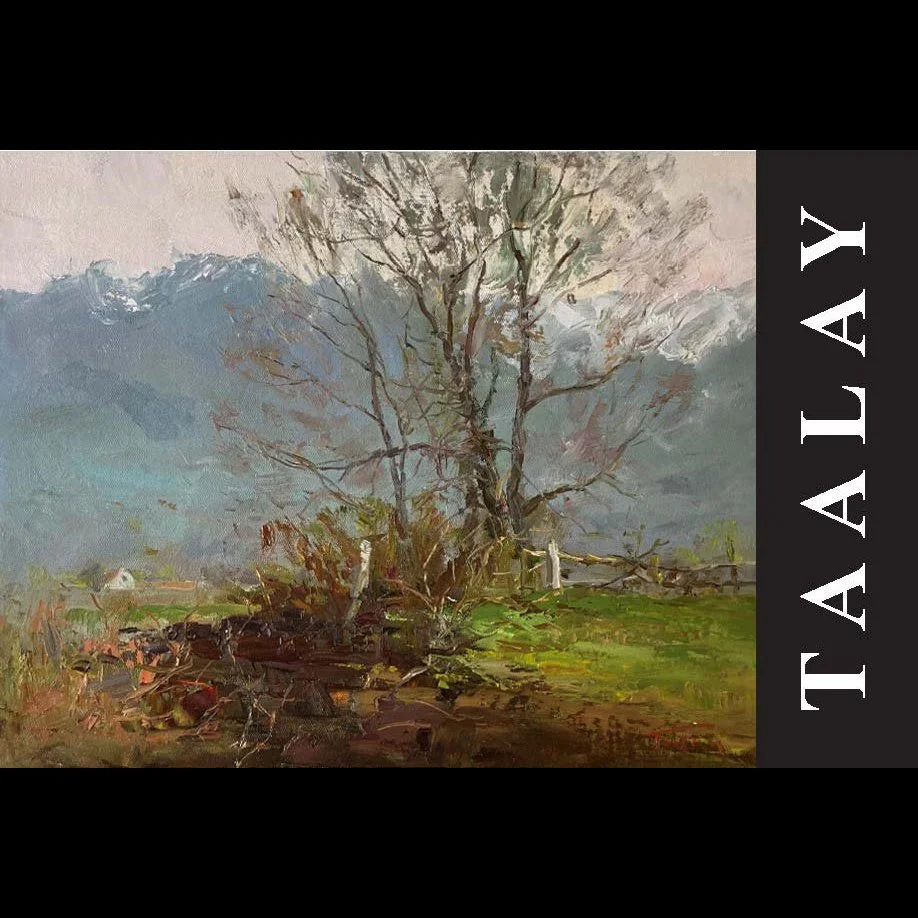 A watercolor painting of a leafless tree in the foreground, set against a mountainous landscape and cloudy sky, with a painted landscape and sky background.