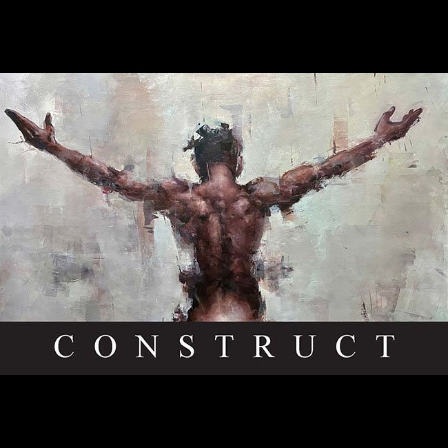 Painted artwork of a muscular man with arms outstretched, facing away, with the word 'CONSTRUCT' at the bottom.