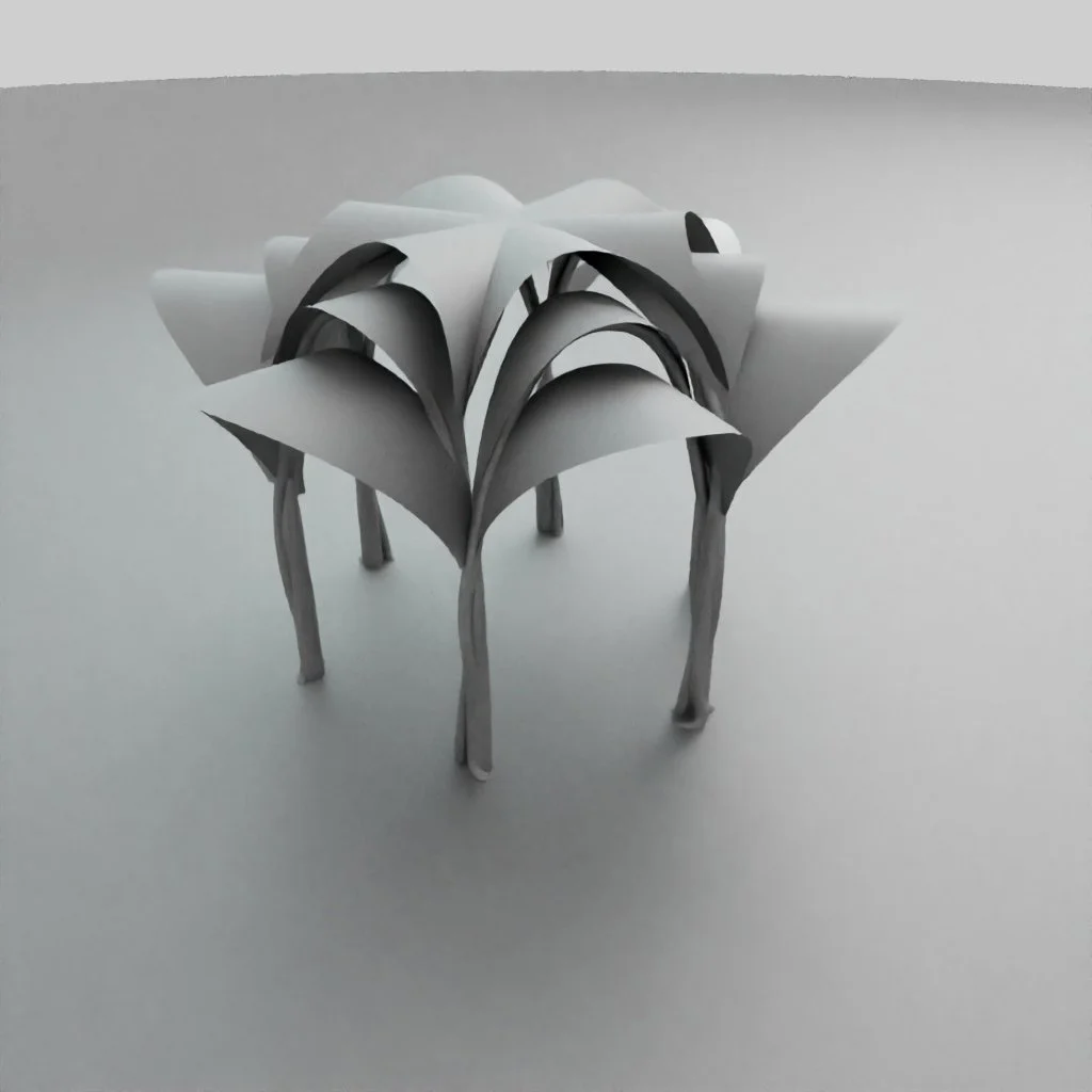An architectural design resembling a cluster of open books with pages curled outward, supported by curved, white legs, displayed in a minimalist setting.