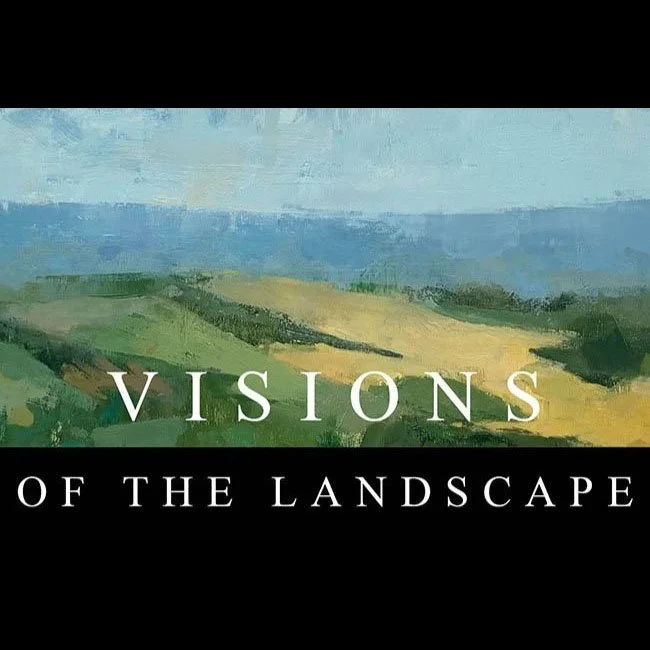 Cover of a book titled "Visions of the Landscape" featuring a landscape painting with rolling green fields, yellow patches, and a cloudy sky.