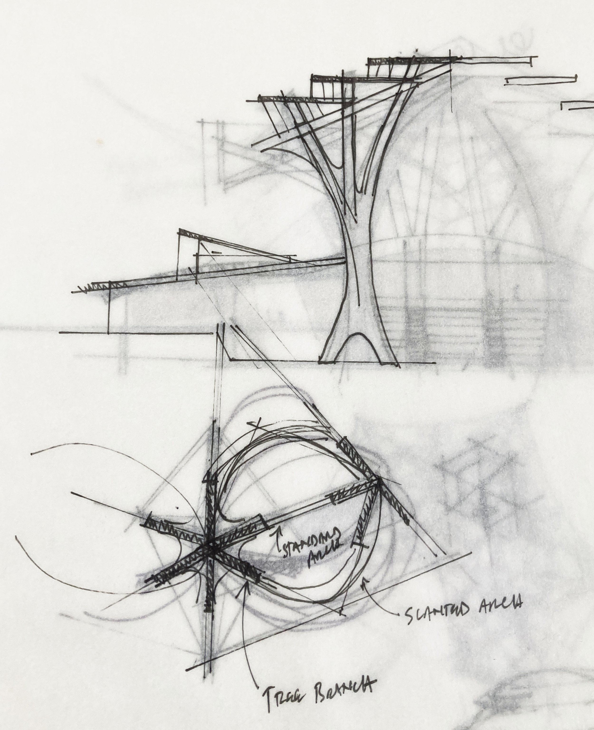 Sketch of a structure with labeled areas including 'standing arc', 'scanted area', and 'truss bracket' with various lines and structural elements.