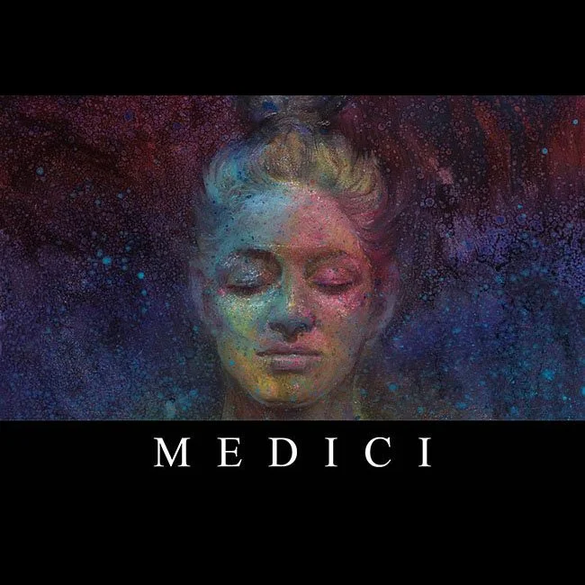A dreamy, colorful portrait of a person with closed eyes, surrounded by a cosmic, starry background, with the word "MEDICI" at the bottom.