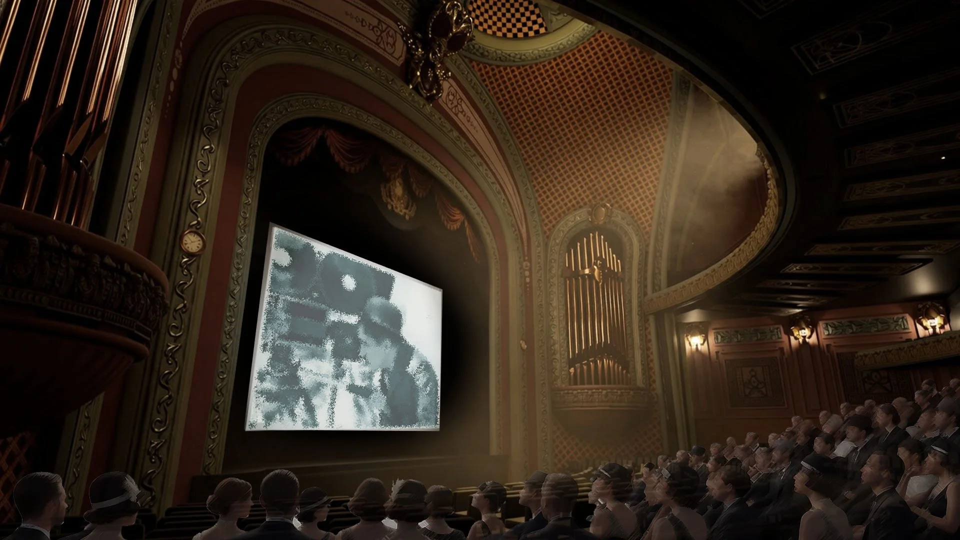 An ornate theater with a large screen and an audience dressed in formal attire, watching a presentation.