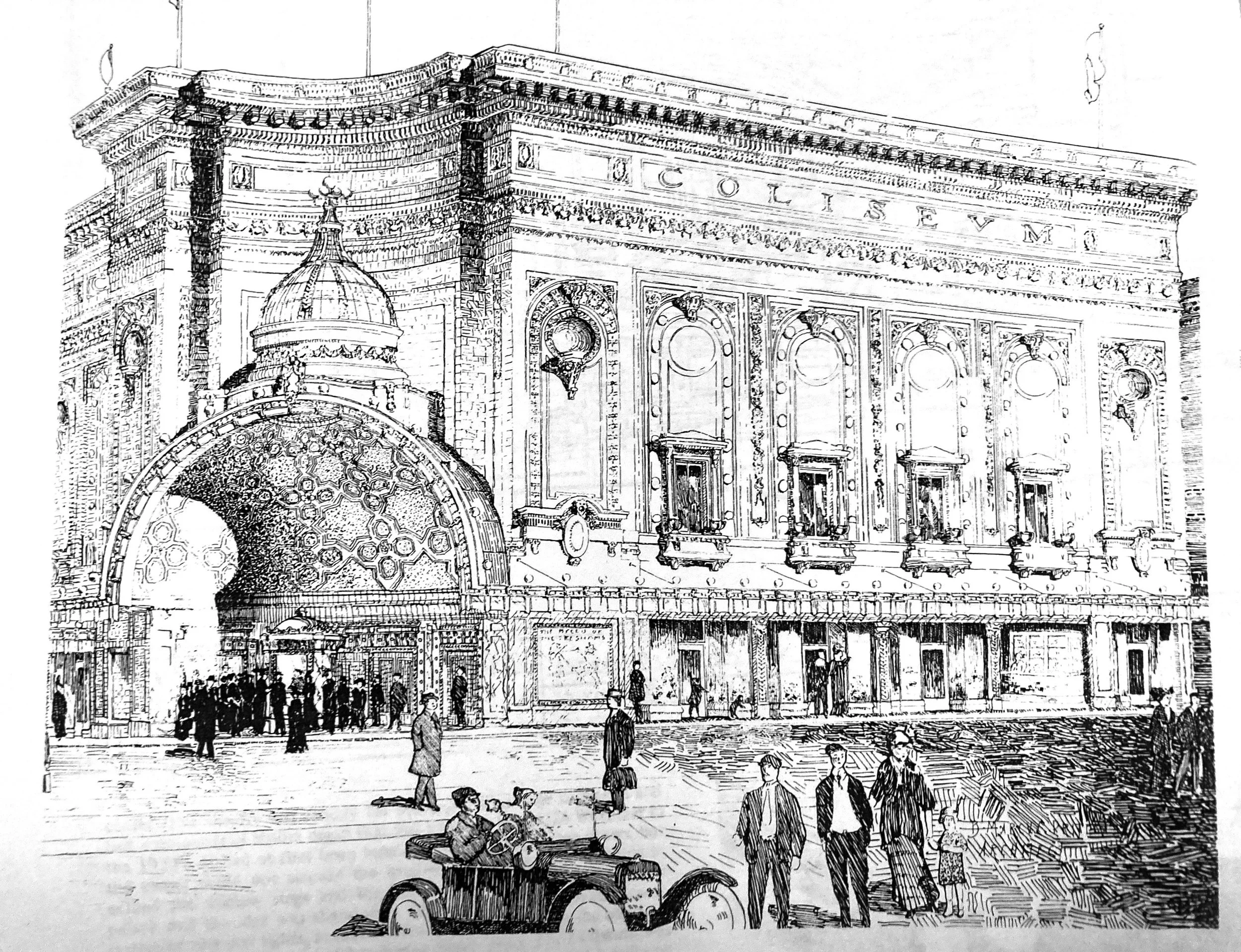 A detailed black and white sketch showing grand architecture, arched windows, decorative columns, and the façade with sculptures and inscriptions. People are walking in the courtyard, and a small train is in the foreground.