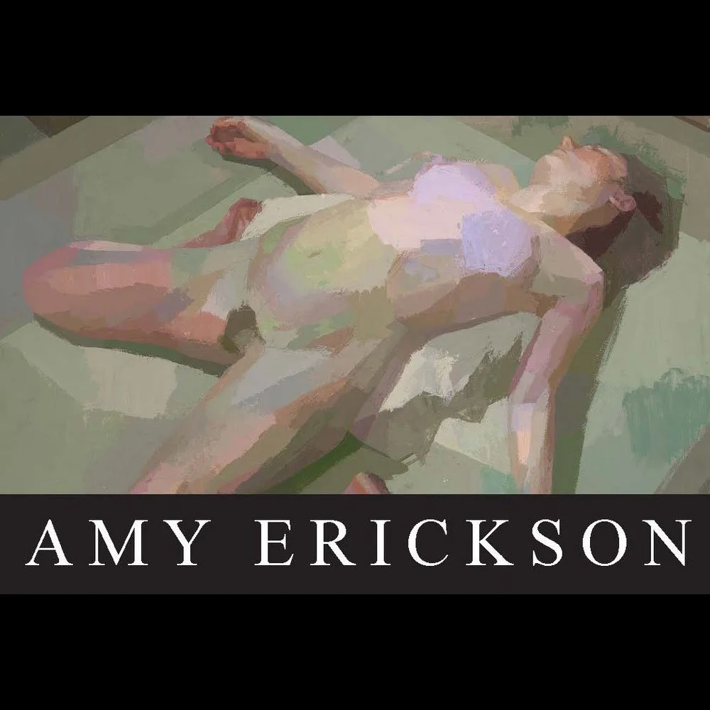 An abstract painting of a reclining nude woman with the text 'Amy Erickson' below