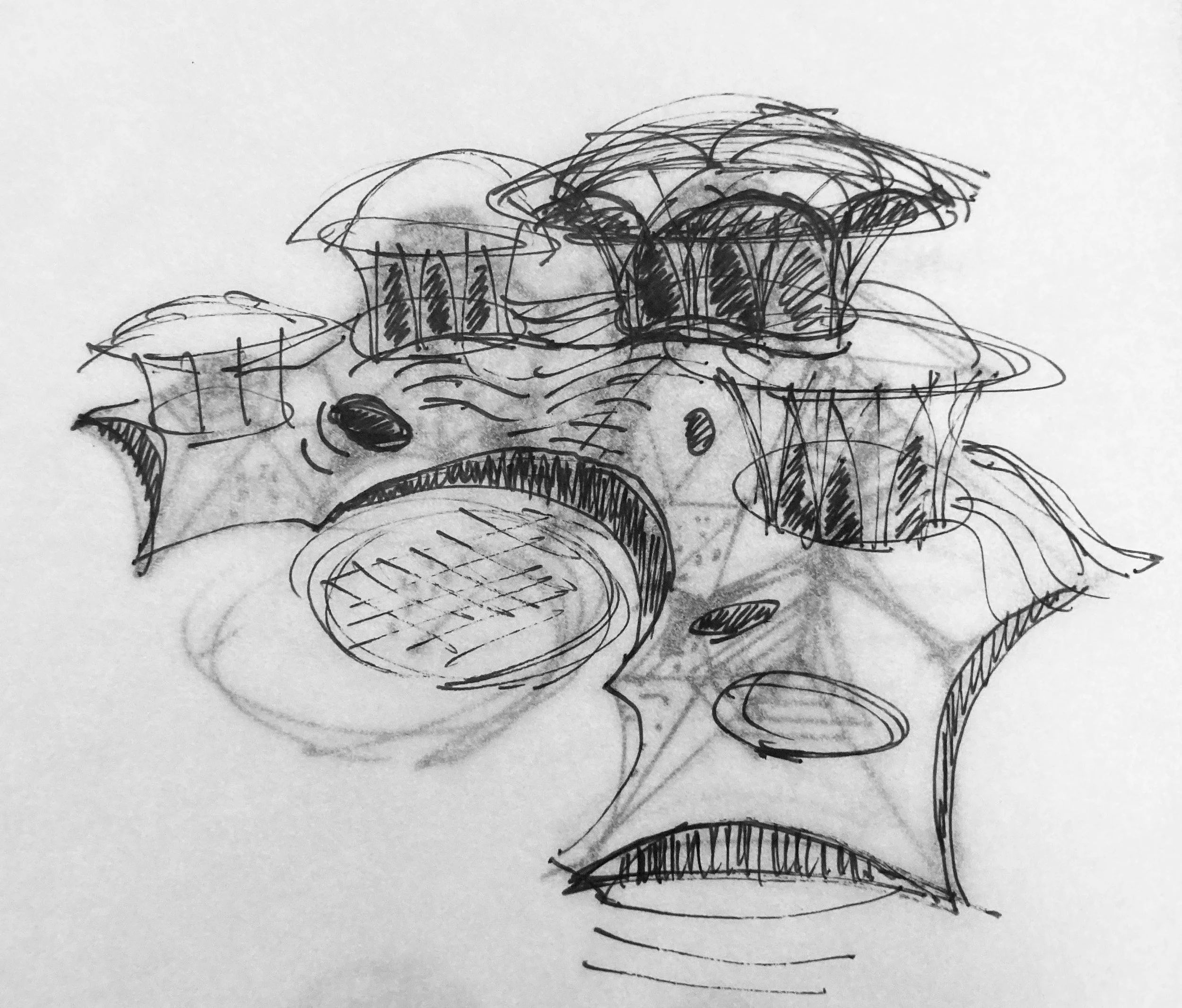 A black ink sketch of an architectural concept on white paper.