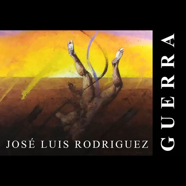 Artwork of a person performing a handstand with legs bent, set against a colorful abstract background with yellow, orange, and purple hues. The artist's name, José Luis Rodriguez, is displayed below. On the right side, the word 'Guerra' is written ve